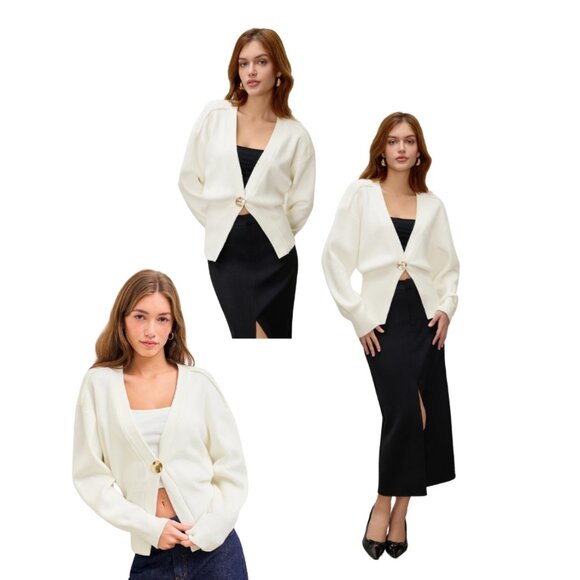 Knit V-Neck Metallic Button Cardigan – Black - Picture 5 of 6